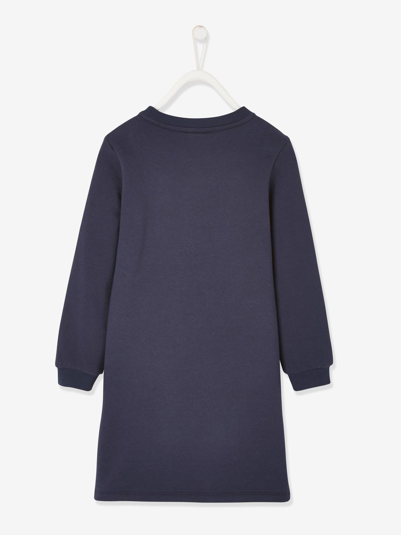 Vestido de pelúcia da coleção cápsula Vertbaudet, fabricado na França, para meninas, azul escuro liso com estampas.