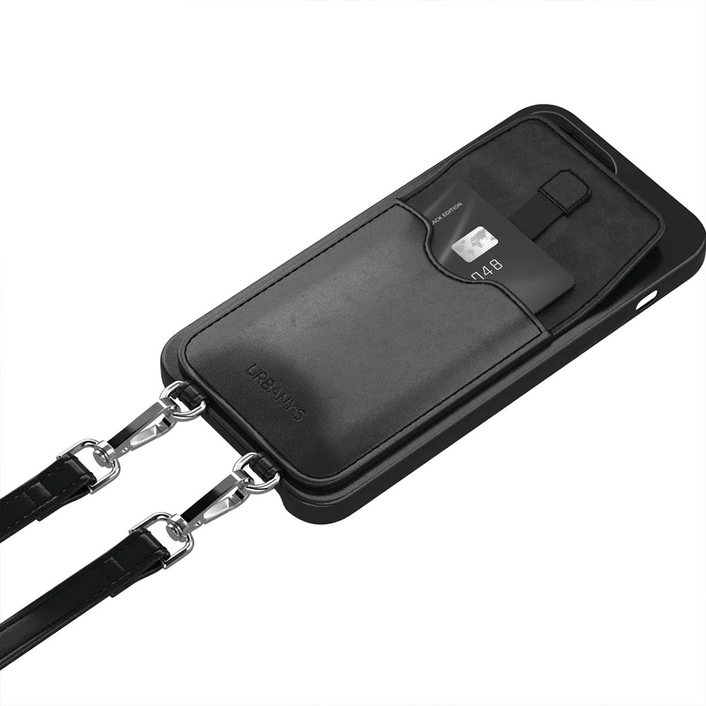 (150cm) iPhone 15 Pro Necklace Leder Hülle mit Kartenfach   abnehmbare Handykette  (PNP-NO-I15P) - Night Owl Black (Schwarz)