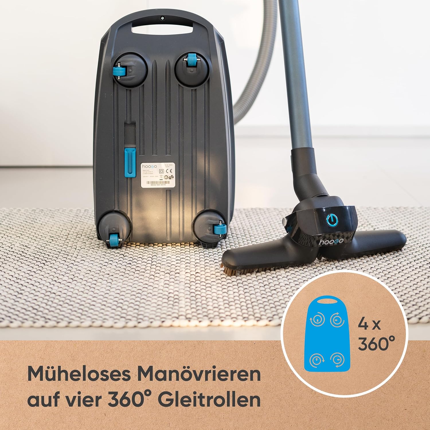 hoogo B3+ Graphit mit Flipflop Bodendüse | Staubsauger mit Beutel | Starke 850 W Saugleistung | HEPA 14 Filter | 11 Meter Radius | Nur 74 dB(A) | 3 L Fassungsvermögen