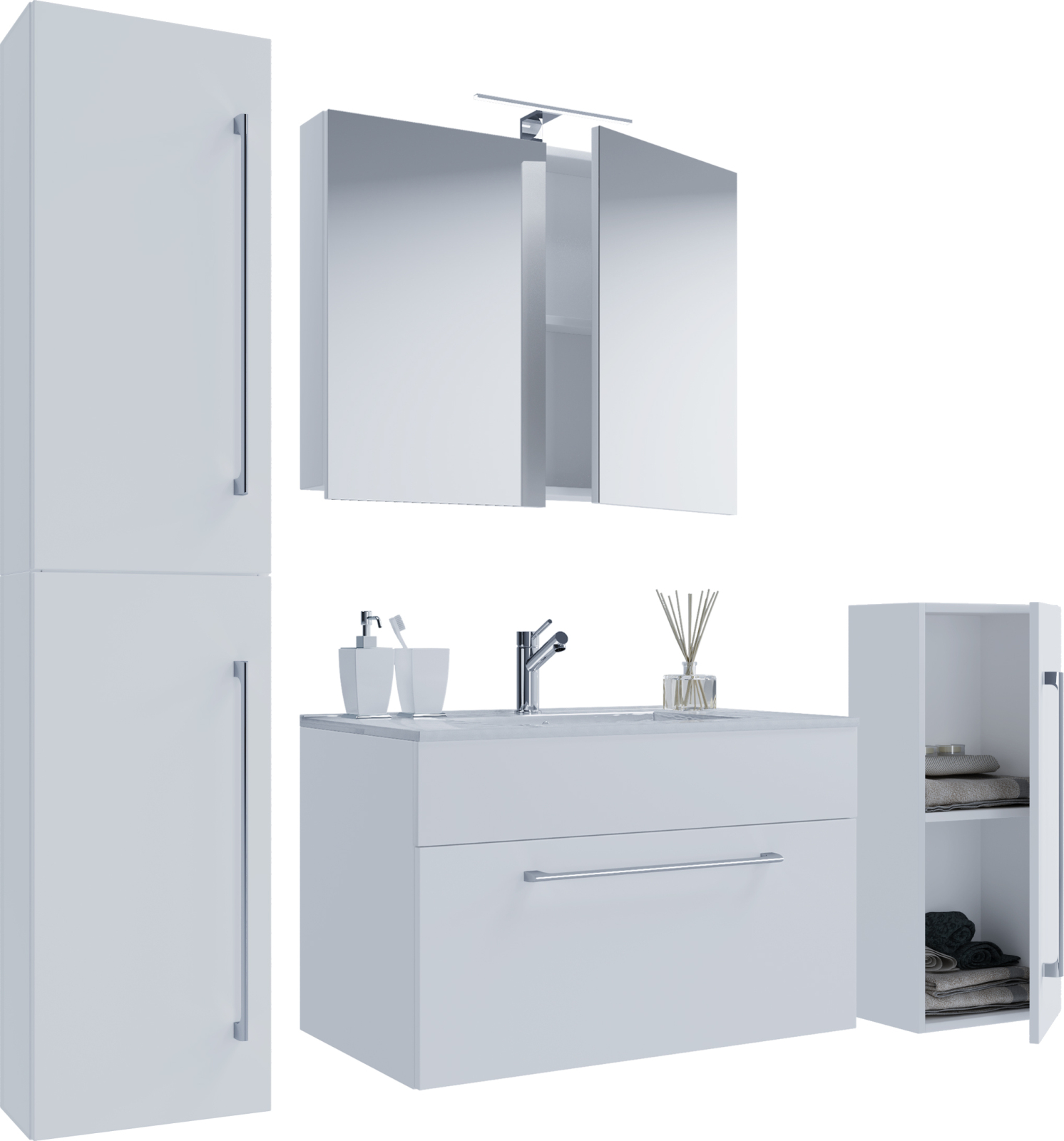 5-tlg. Bademöbel-Set BADINOS - weiß - 80 cm - mit Spiegelschrank