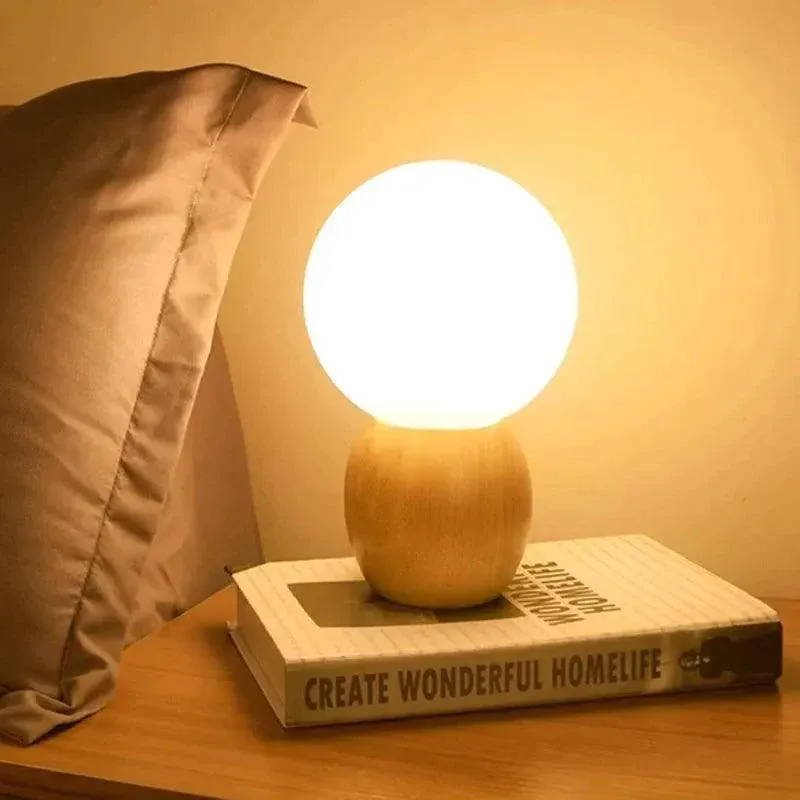 Nordic Wood Table Lamp with Glass Ball | Minimal Bedside Mood Light