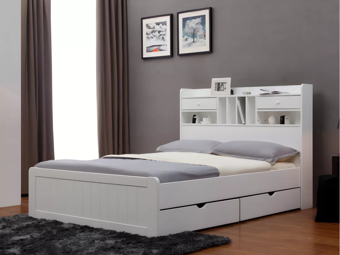 Lit avec rangements 140 x 190 cm - Pin - Blanc + Sommier - MEDERICK