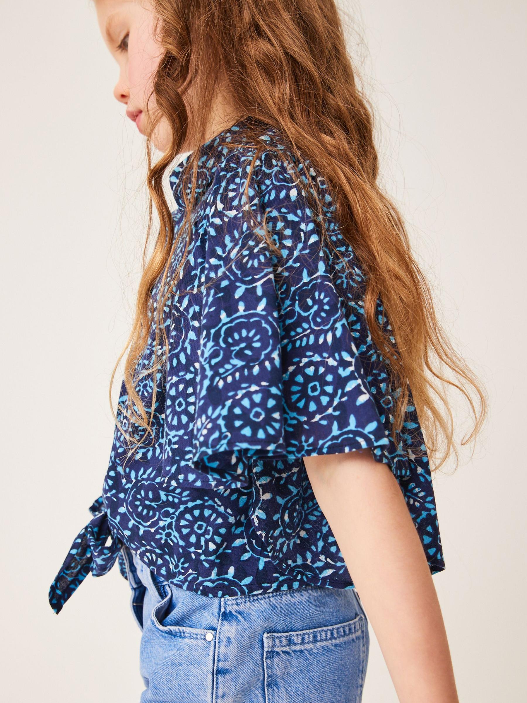 Blauw - Blouse met wijde mouwen met strik aan voorzijde (3-16jr)