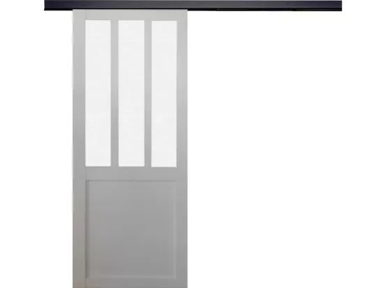 Porte Coulissante Atelier Blanc Vitre Depoli H204 X L73 + Rail Alu Bandeau Noir Gd Menuiseries