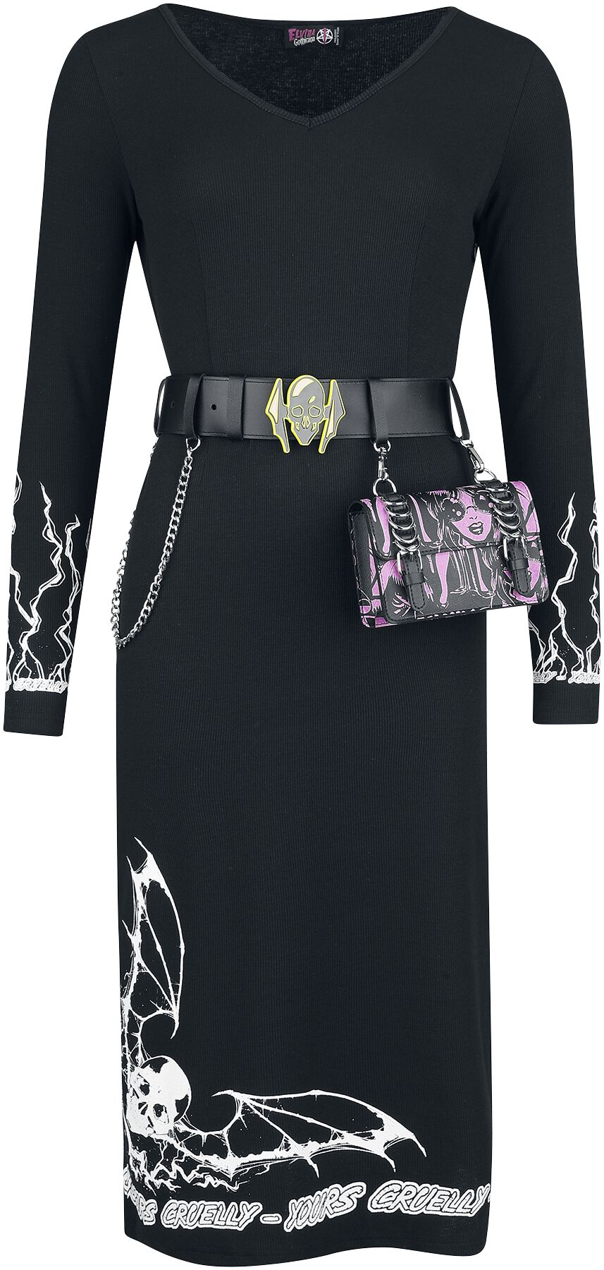 Gothicana X Elvira - Robe avec ceinture & sac | Gothicana by EMP Robe mi-longue
