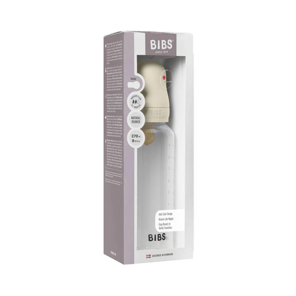 BIBS Babyfles 270 ml - Ivory - met latex speen en opvouwbare trechtertje