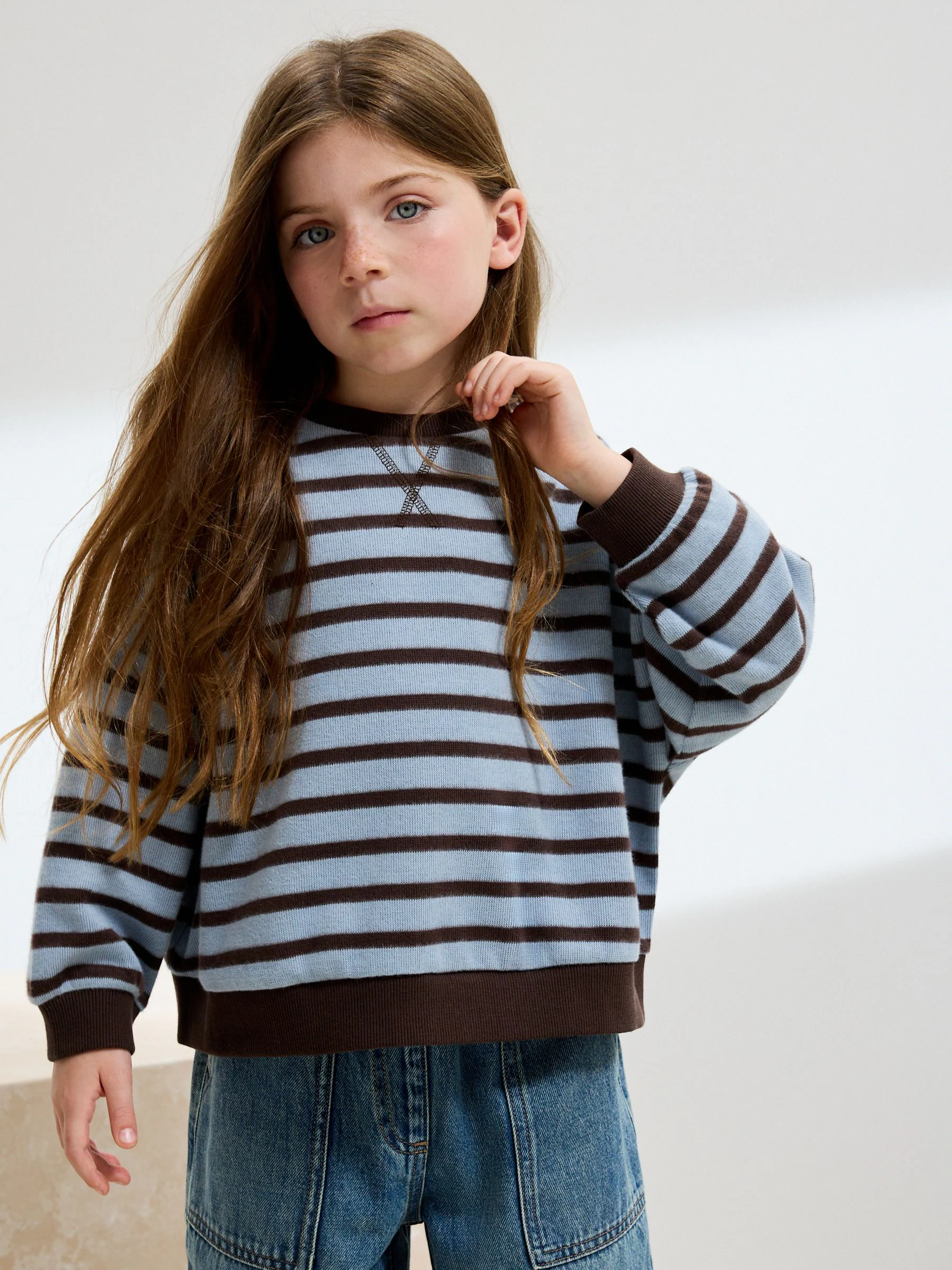 Blauw/bruin gestreept - Oversized behaaglijke ribbelsweatshirt (3 - 16 jr)