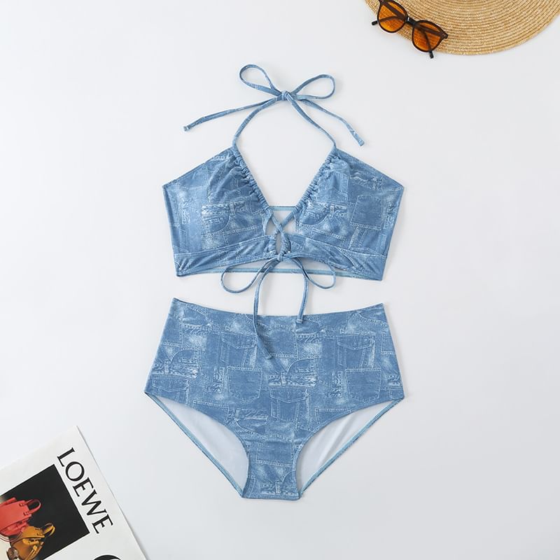 Sancus - Set: Halter bikini met print + omslagjasje + omslagrok