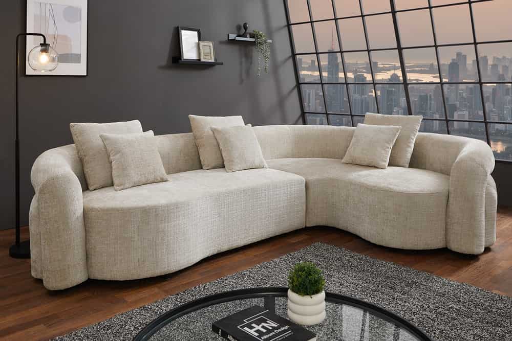Retro Wohnlandschaft VOGUE 290cm beige Chenille XXL-Sofa organische Form inkl. Kissen