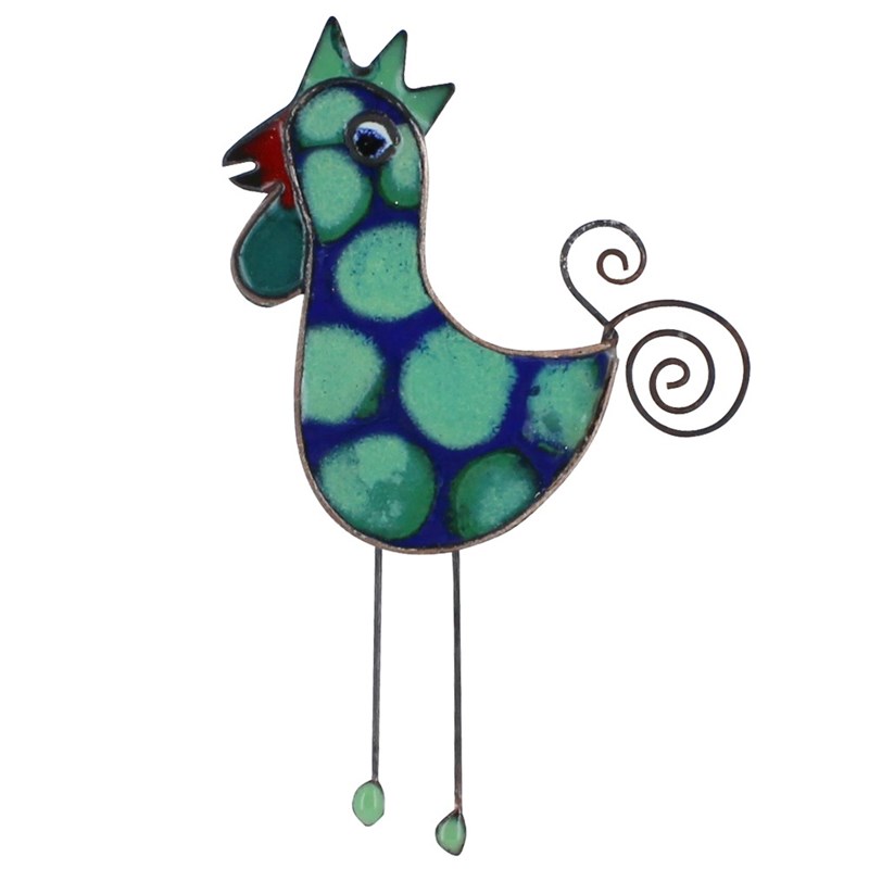 Broche Coq Émaillée Bleu à Pois Vert