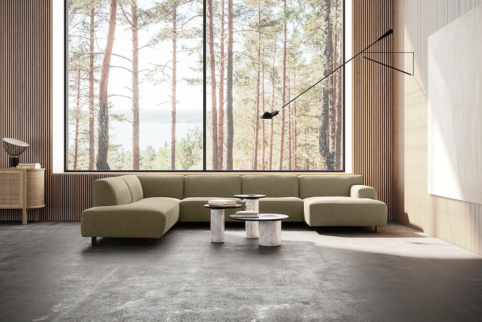 Vesta U-sofa Sjeselong høyre, 3-seter og åpen ende venstre. Big hjørnemodul, Tekstil Marsel Light green, sort metallben 10 cm, Comfort CM