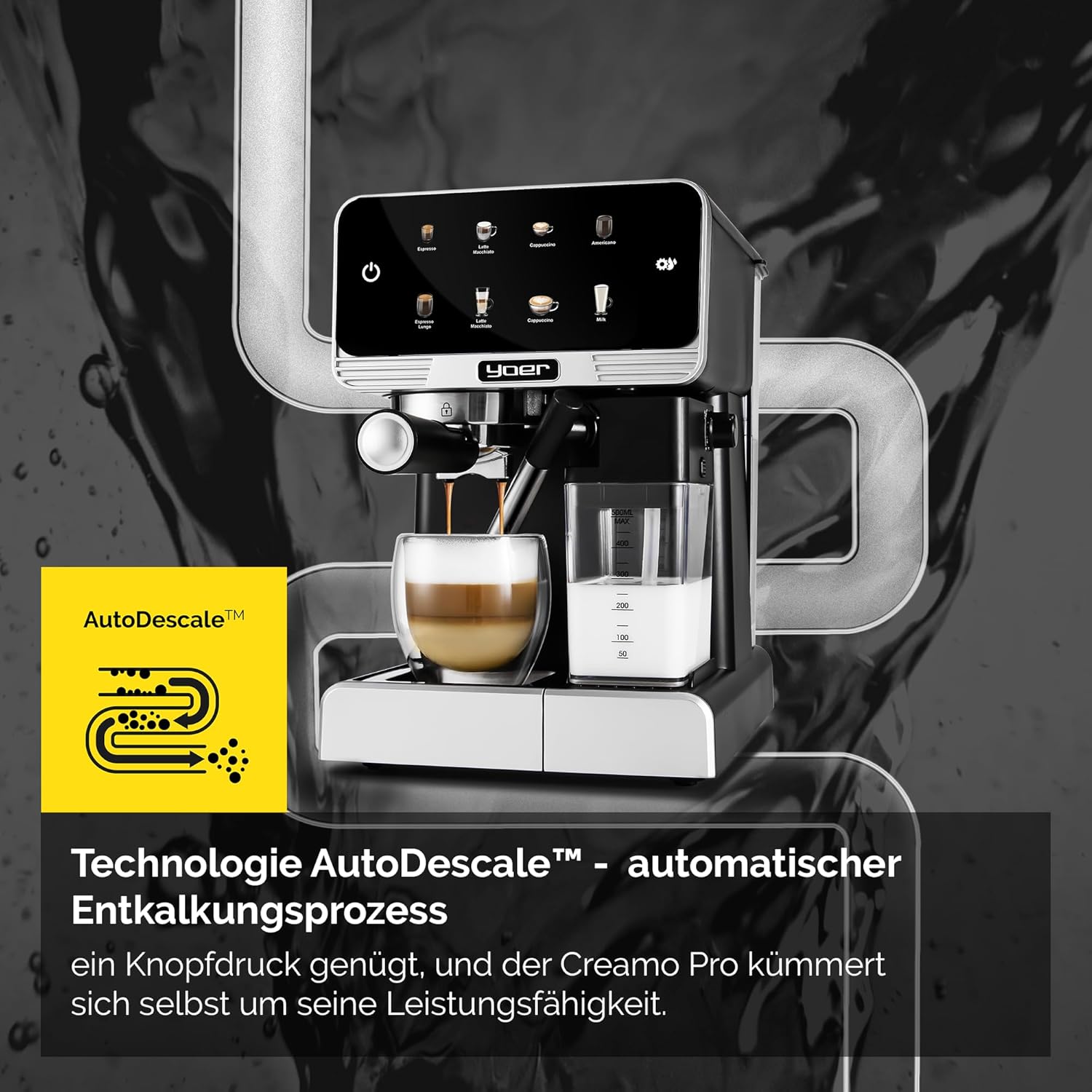YOER Kaffeevollautomat mit automatischer Milchaufschäumer, 6 Kaffeespezialitäten, Touchscreen, 20 bar, 1350W, Kaffeemaschine für Espresso, Cappuccino & Latte Macchiato, Creamo EMF03BK, schwarz