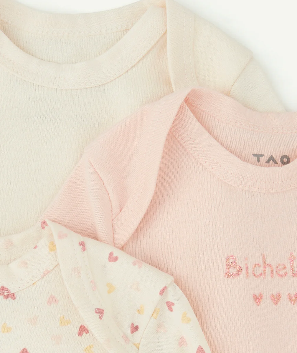LOT DE 3 BODIES BÉBÉ EN COTON BIO AVEC MESSAGE ET IMPRIMÉ COEURS