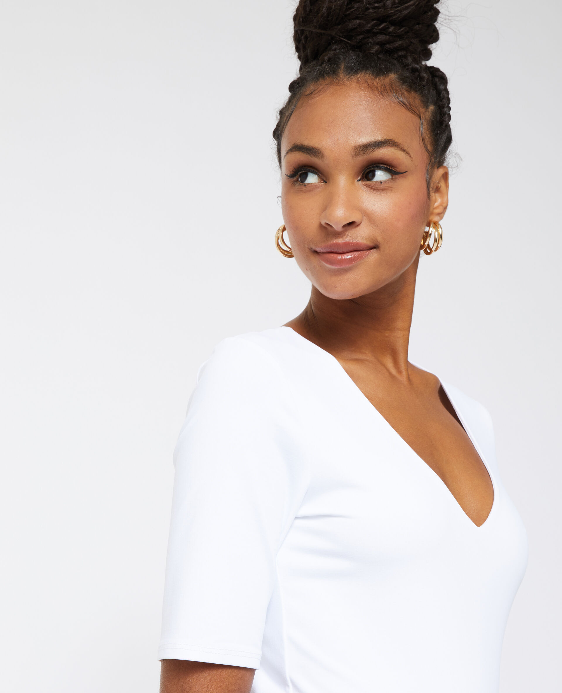 Top col V en maille - Blanc
