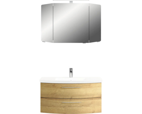 Pelipal Sunline 104 badkamermeubelset, BxHxD 101 x 200 x 50,5 cm, frontkleur: Riviera eiken, 3-delige badkamermeubelset met wastafel en badmeubel van wit mineraalmarmer, spiegelkast met LED-verlichting