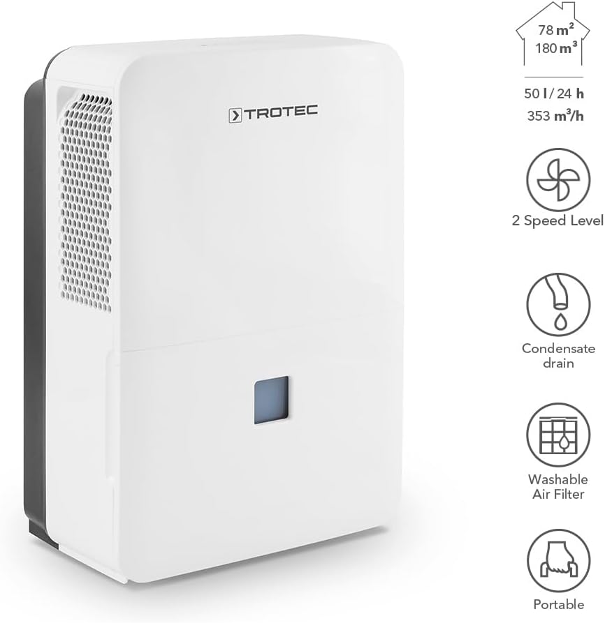 TROTEC Luftentfeuchter elektrisch TTK 127 E – Leistung 50 L/Tag – Fläche 150 m² / 375 m³ – Raum Entfeuchter – für Wohnung und Schlafzimmer