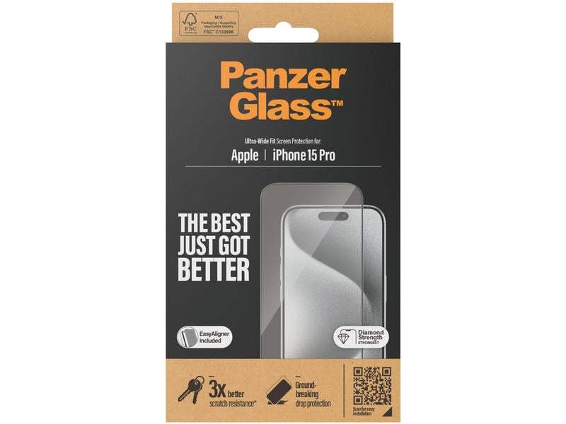 Panzerglass Displayschutz Ultra Wide Fit iPhone 15 Pro Display-Schutzfolie mit Applicator für das Apple iPhone 15 Pro
