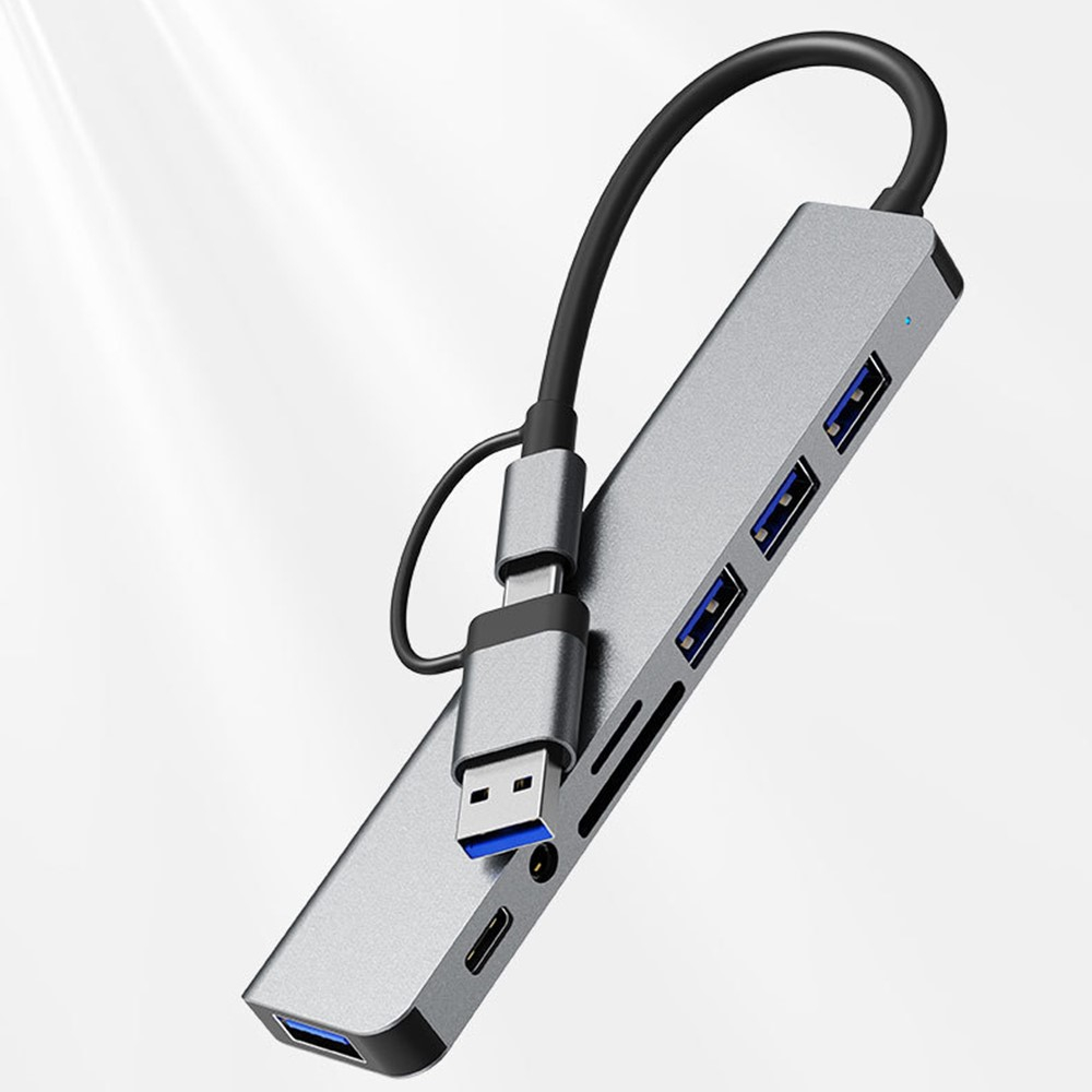 (5 Gbit/s) Alu USB C / USB 3.0 Multiport Adapter HUB mit USB C / 4x USB A / SD & Micro SD Kartenlesegerät / 3.5mm Klinken Anschluss - Grau