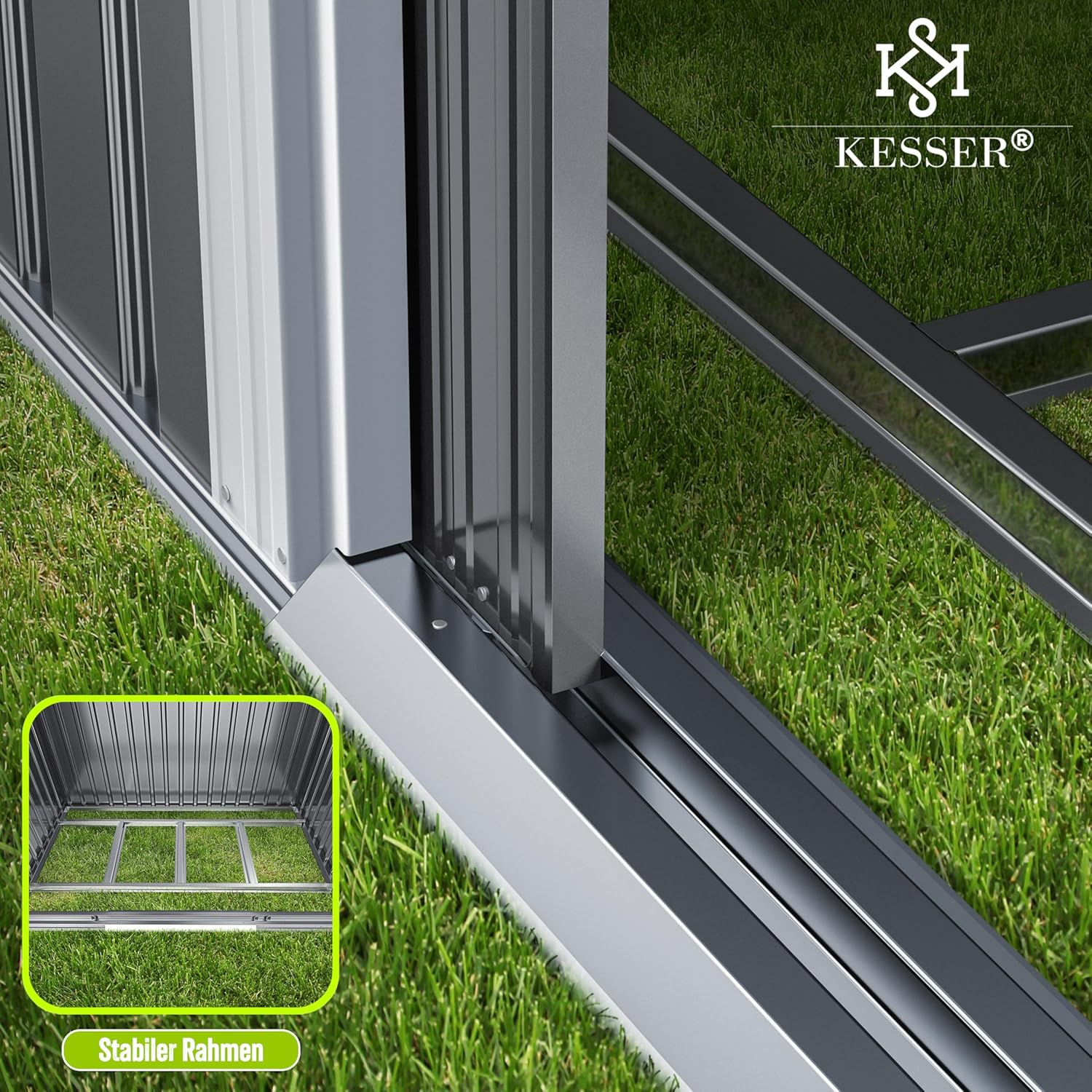 KESSER® XL Metall Gerätehaus 4,2m³ mit Fundament | Inkl. Arbeitshandschuhe | 195x131x186cm | 2X Schiebetür & Fundament | Geräteschuppen | Gartenhaus Schrank | Satteldachdach Garten Schuppen Grau