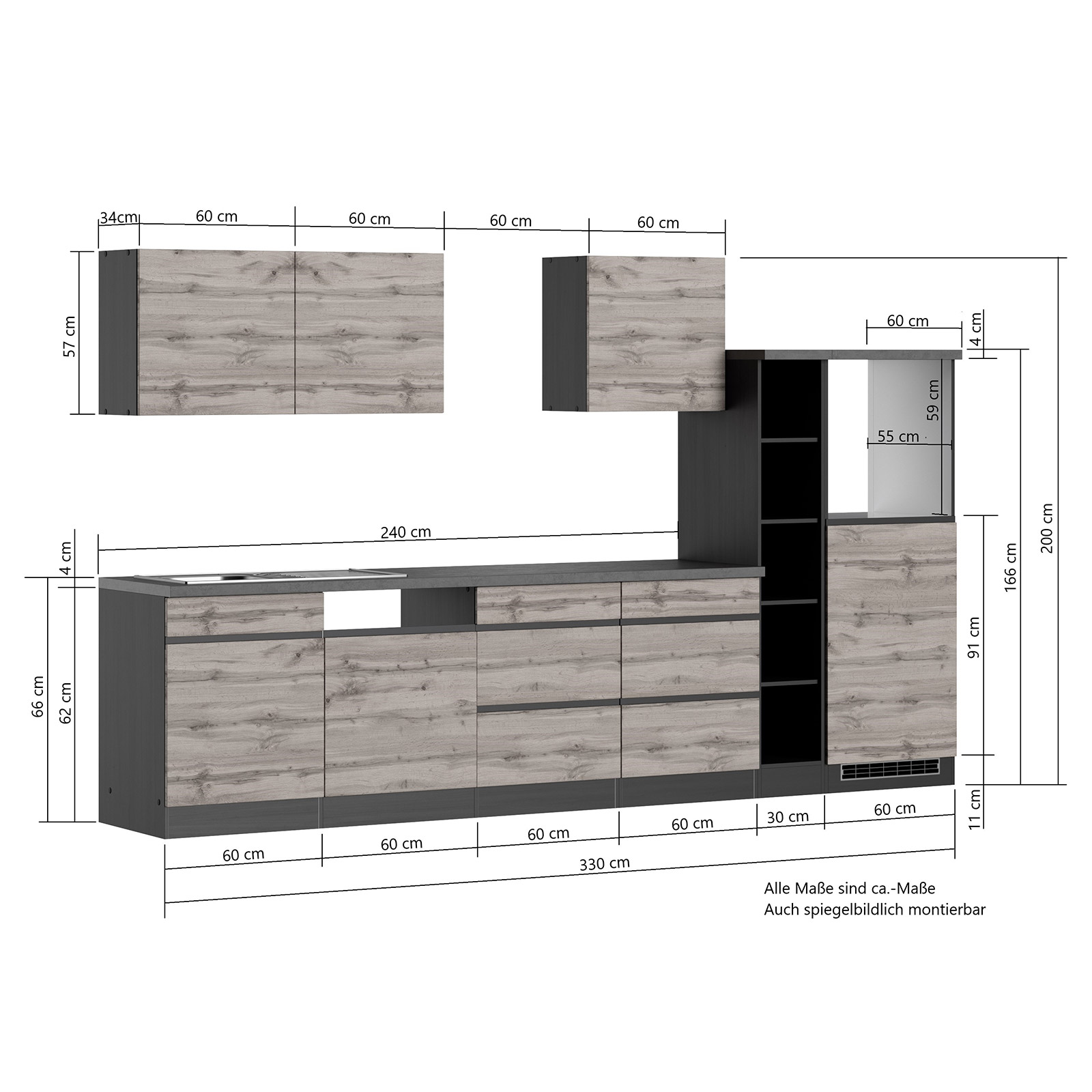 Küchenblock TURIN - grau matt-Wotan Eiche - 330 cm