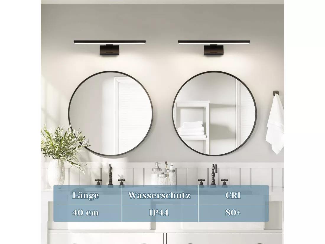 NETTLIFE Applique LED salle de bain，lampe miroir LED,IP44 lampe armoire, Moderne, lumière blanche neutre 4000k MAX.8W, 40×5.1×12.8cm, noire