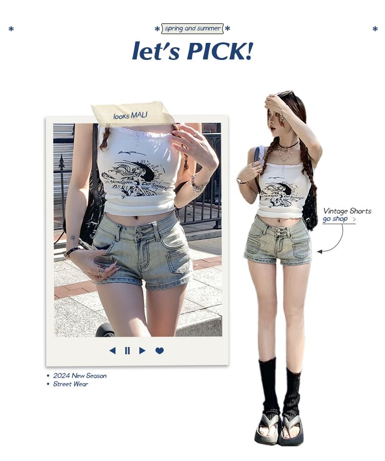 Denimot - Low Rise Washed Denim Hotpants