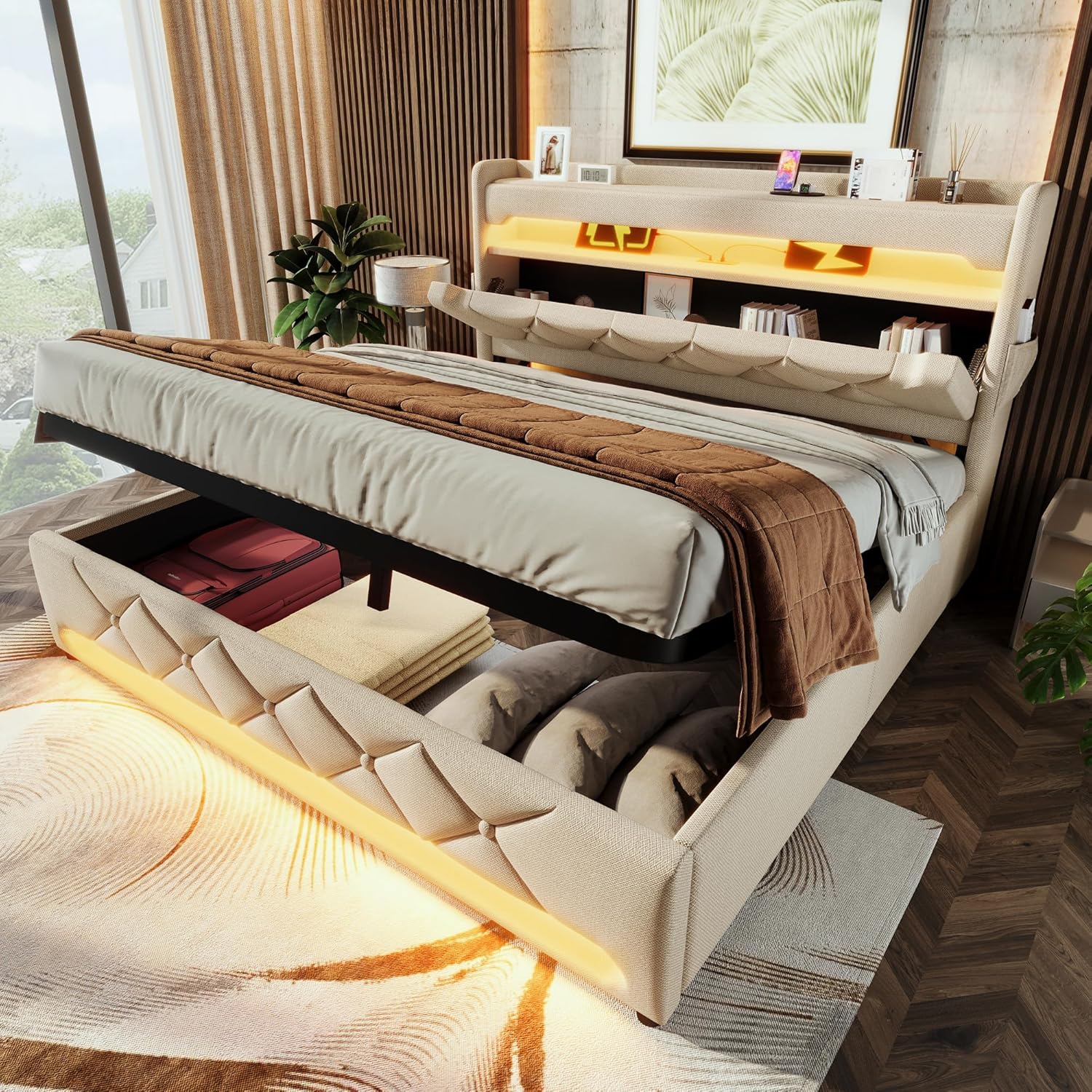 Merax Bett 140x200 mit Stauraum, Polsterbett 140x200 cm mit LED-Beleuchtung & Ladestation, Polsterbett Doppelbett mit USB und Typ C-Port, Stauraum Kopfteil, Beige, Leinen(Ohne Matratze)