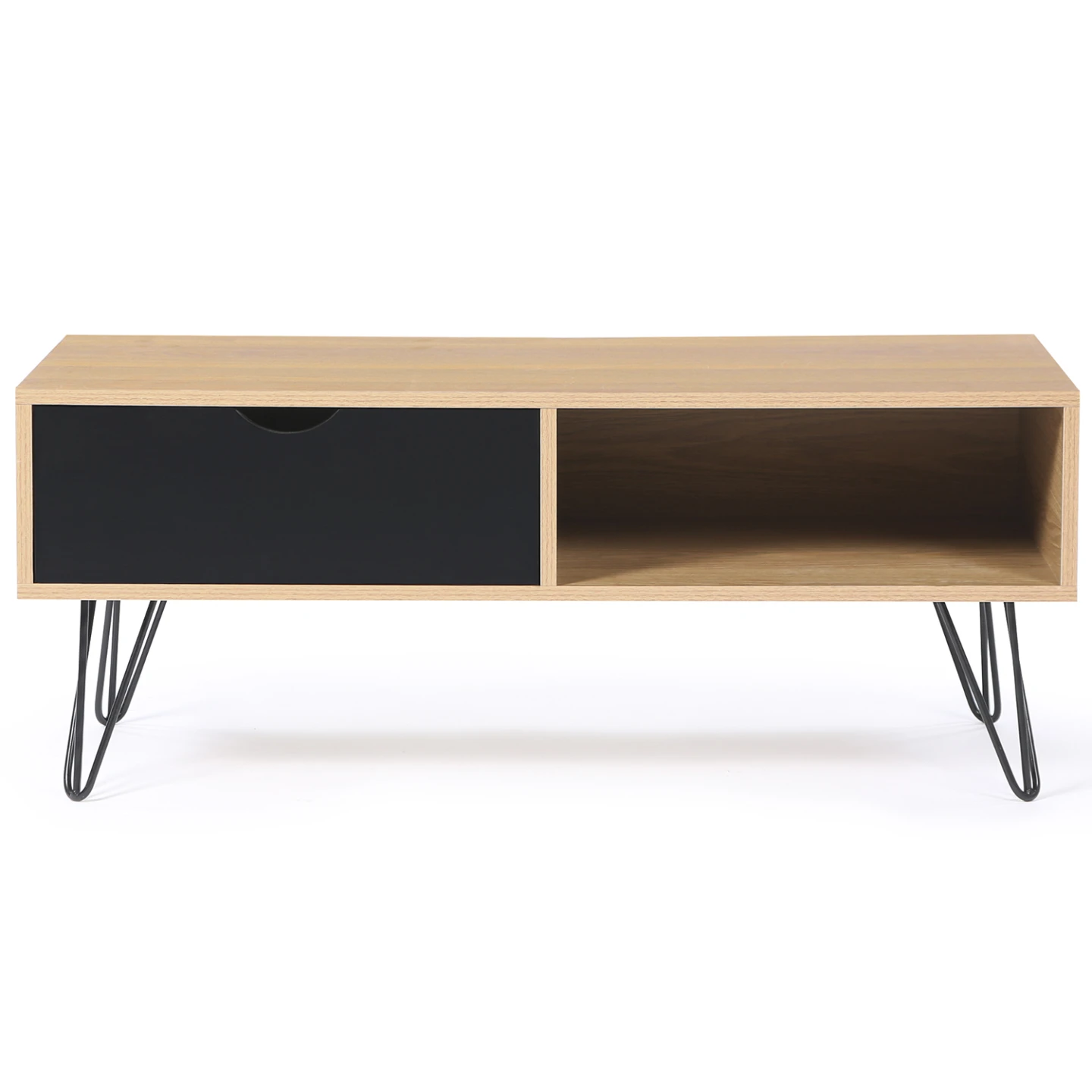 Table basse vintage rectangulaire NOEMI pied épingle bois tiroir noir