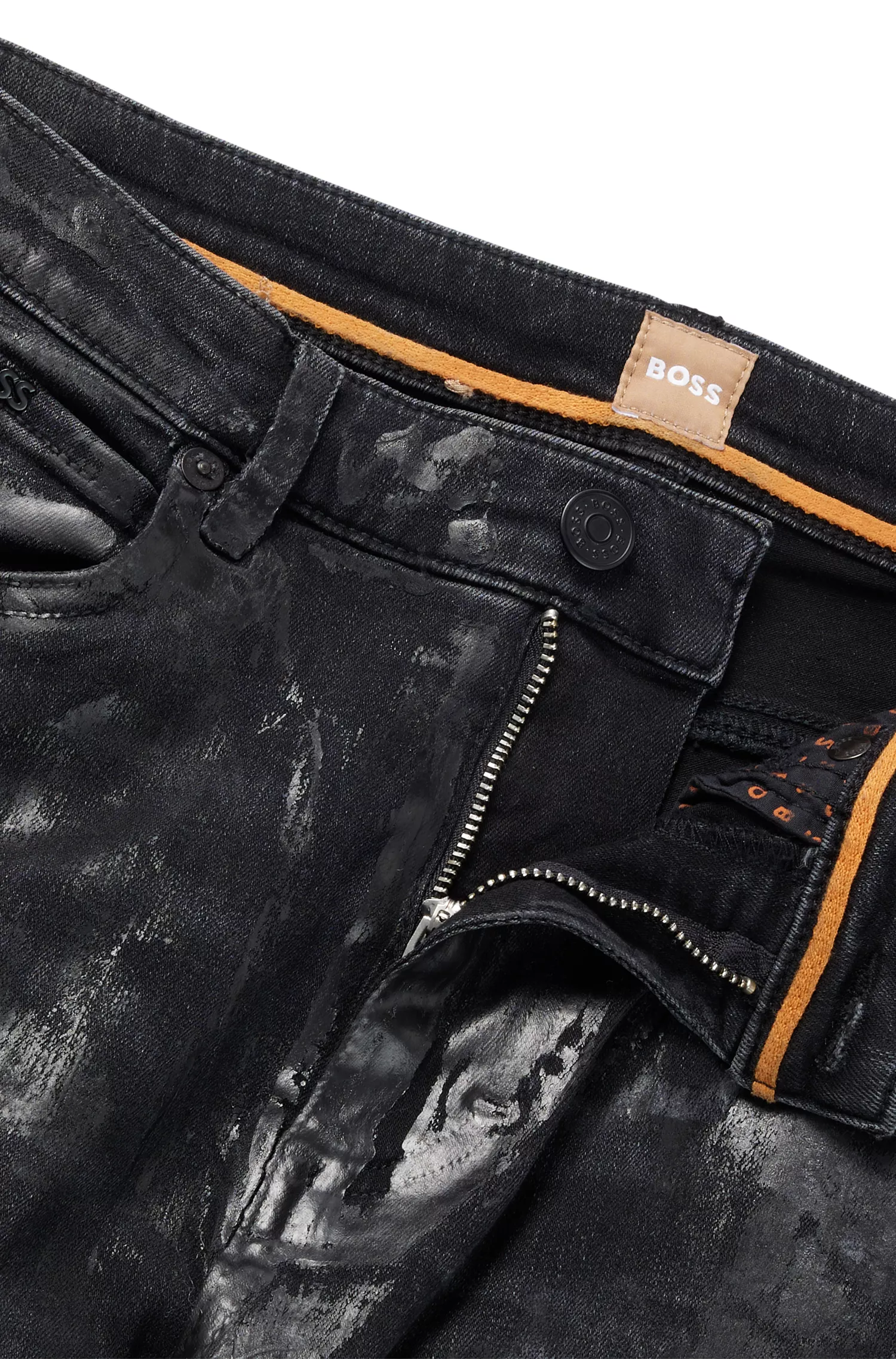 Calça jeans cropped BOSS laranja de cintura média em denim stretch preto