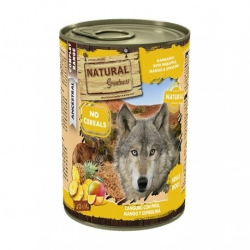 Pacote com 6 latas de ração úmida para cães com sabor de canguru.