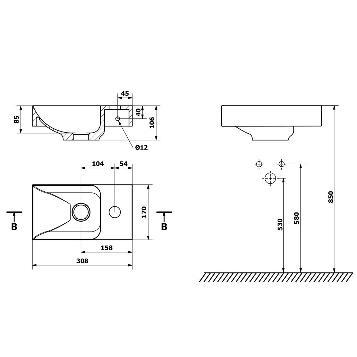 Sapho Piccolino fontein beton kraangat rechts 31x17cm geel
