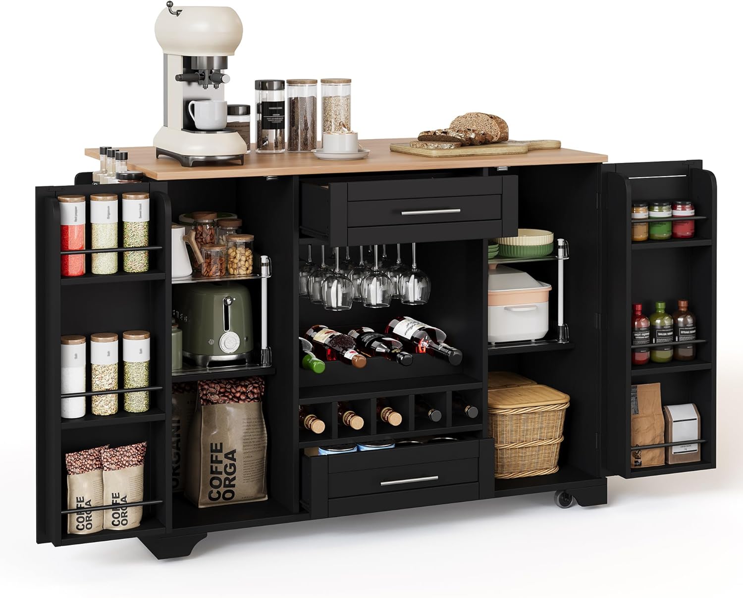 Kücheninsel Küchenschrank mit Klappbare Arbeitsplatte und Weinregal, Buffetschrank Küchenwagen mit Rollen und Handtuchhalter, Küchenbuffet, Küchenmöbel, Schrank Schwarz, 138x45-70x92 cm
