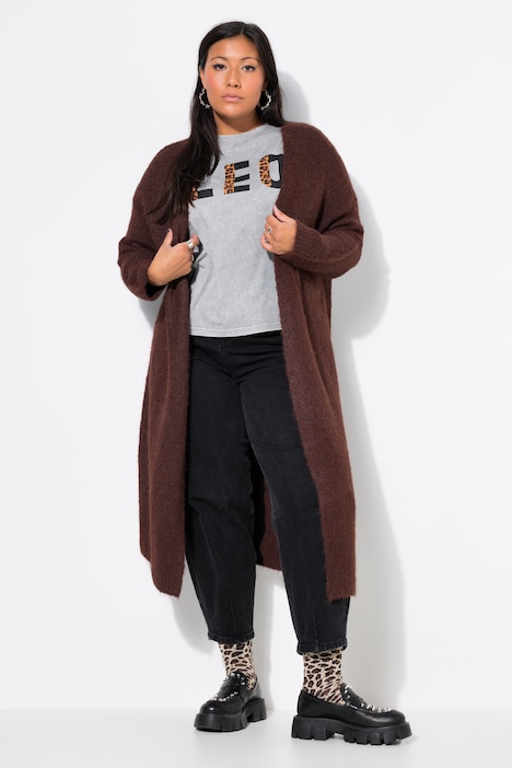 Long-Strickjacke, oversized, offene Form, Langarm