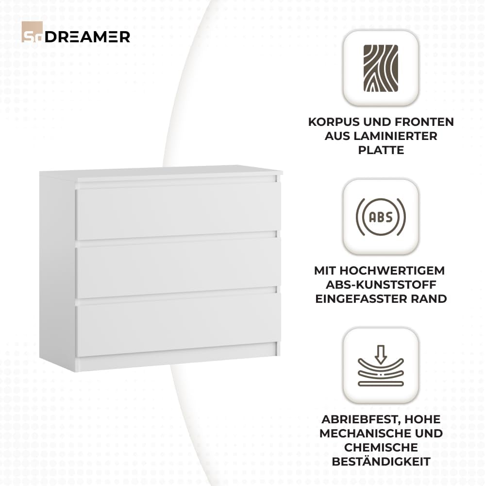 3-Schubladen-Kommode | Weiß 90 cm Ideal für Schlafzimmer, Wohnzimmer, Kinderzimmer und Büro | Geräumige Kommode | Modernes Design | 90 x 75 x 40 cm