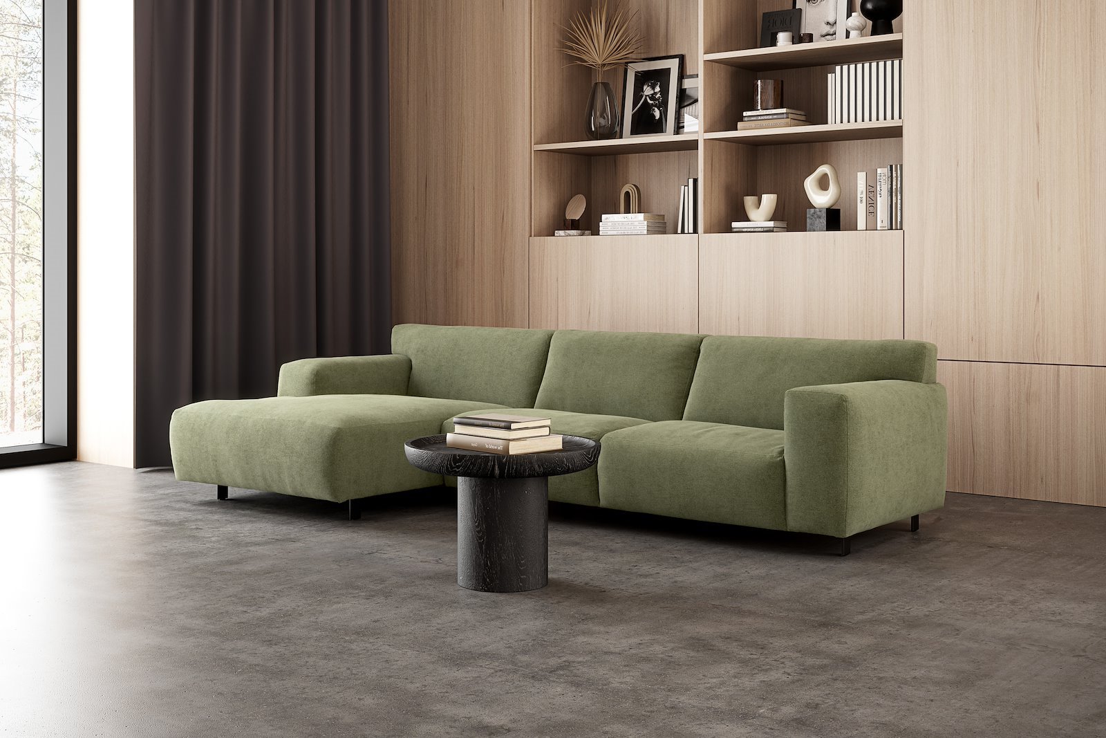 Vesta 2,5-seter med sjeselong venstre I Tekstil Velvety Green, standardsøm, sort metallben 10 cm, Comfort CM