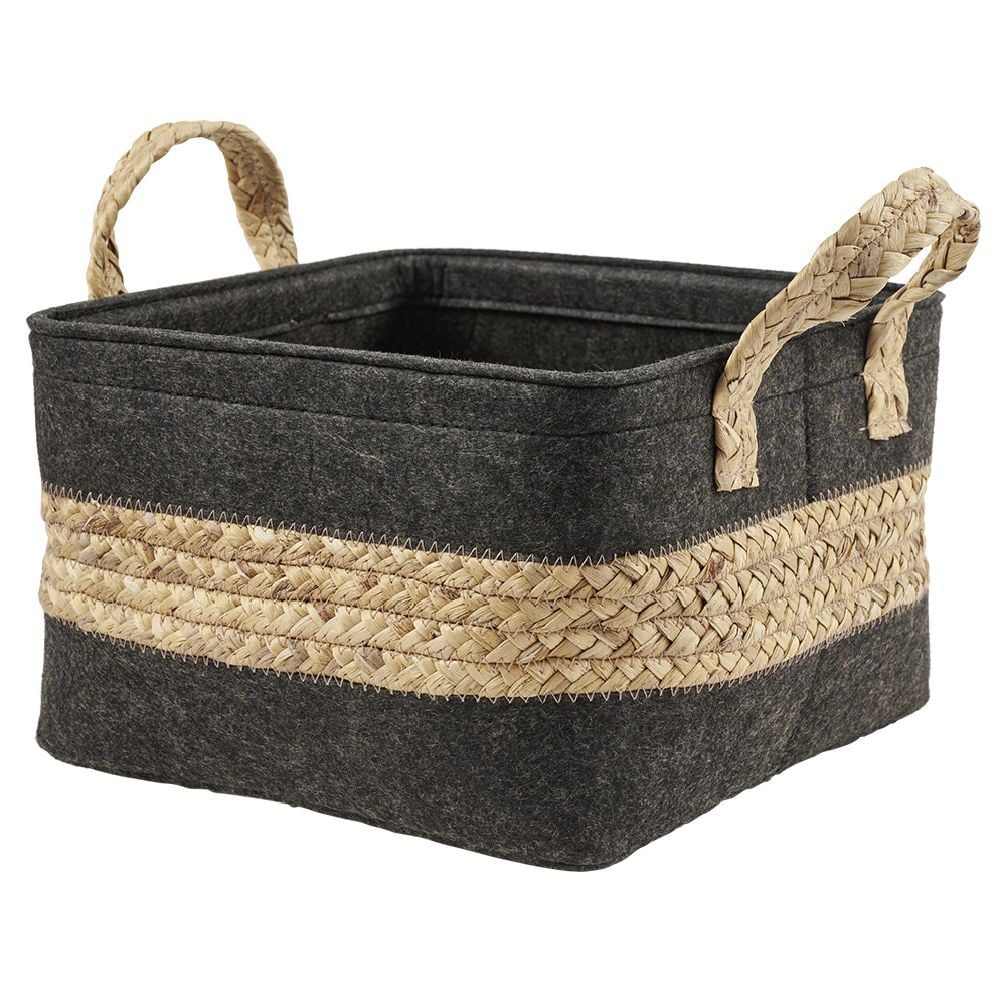 Panière en jonc de mer noir avec bande déco naturel - 29x25xH29 cm