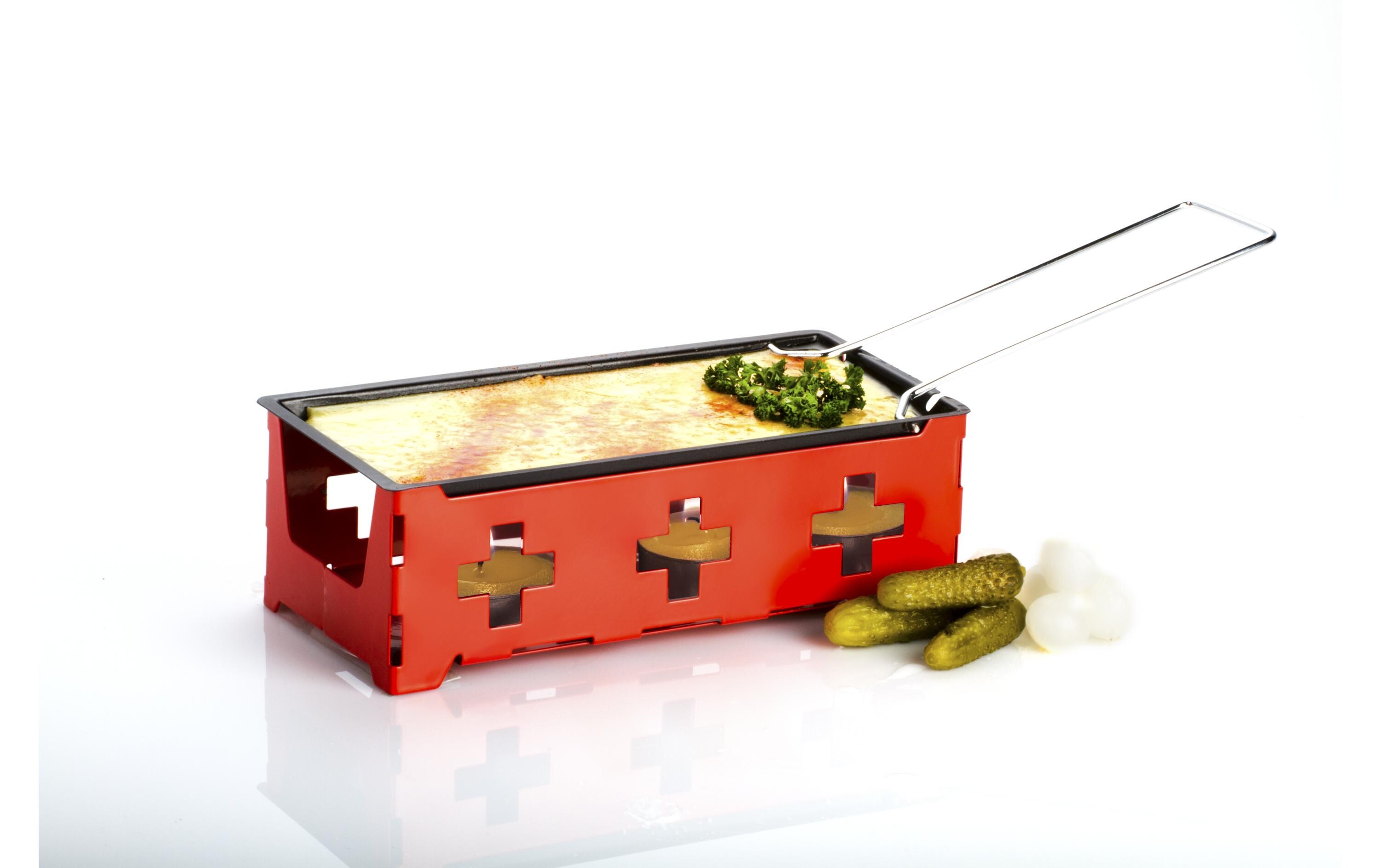 Teelicht-Raclette Heat Cheese! @home RotFür eine Person, mit Schweizer-Kreuz-Dekor