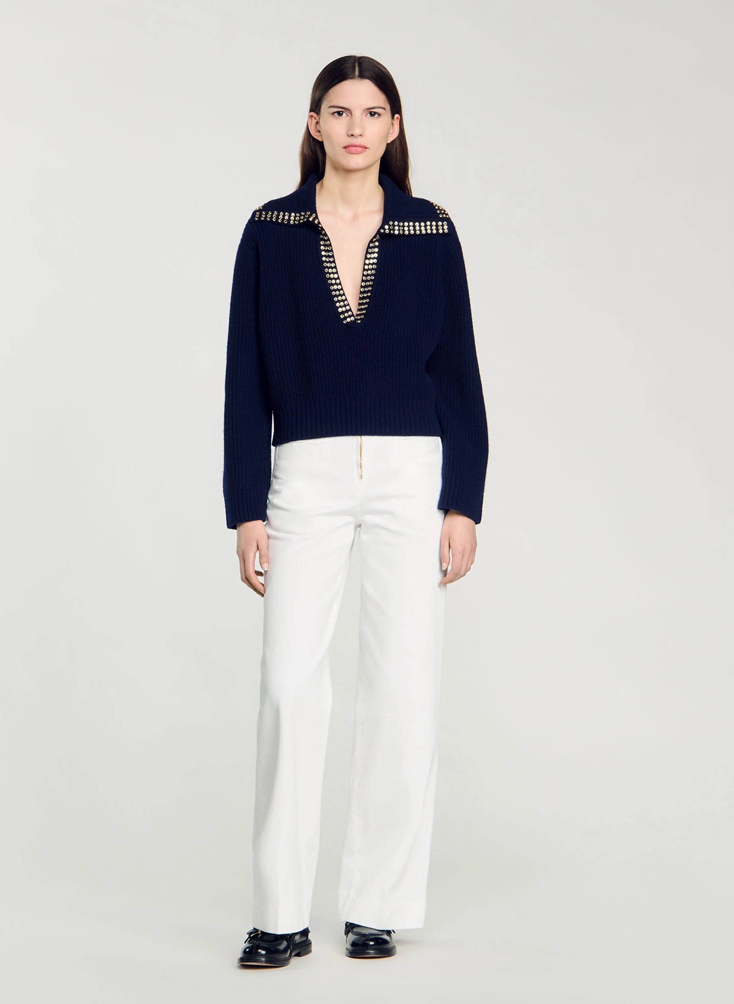 Pull col vareuse en maille côtelée | Bleu