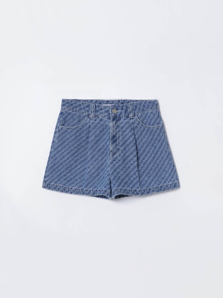 Shorts jeans com pregas frontais - Azul Médio
