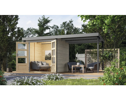 Karibu Metalwood tuinhuis, plaatstaal, stofgrijs, inclusief vast dak, 453 x 237 cm, watergrijs