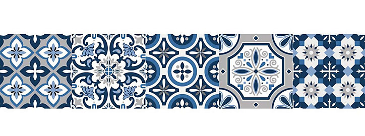 6 bandes adhésives motif Azulejos L.4,8 x H.195 x l.0,4cm - bleu et gris