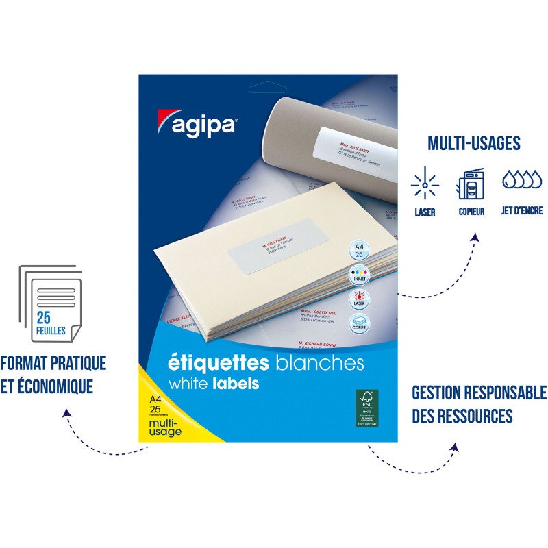Etiquette adhésive Agipa 119613 blanche 38,1 x 63,5 mm multi-usage