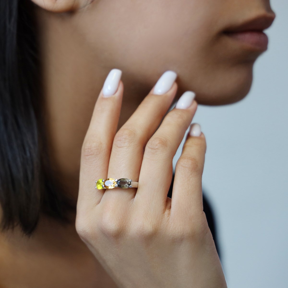 Bague Eos Argent Trilogie Quartz Fumé Et Jaune,citrine