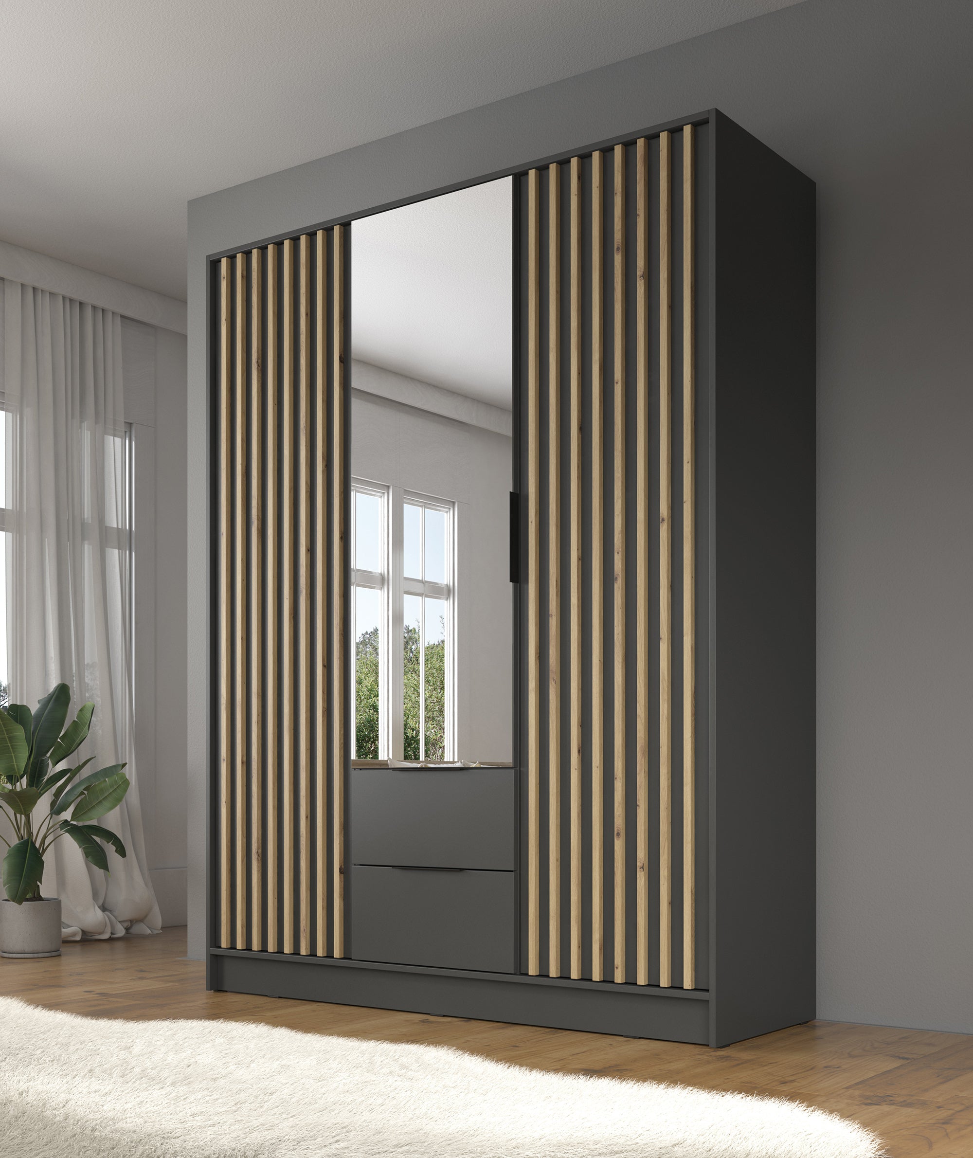Nairobi - Kledingkast met spiegel - Antraciet/eiken - 155x51x200 cm