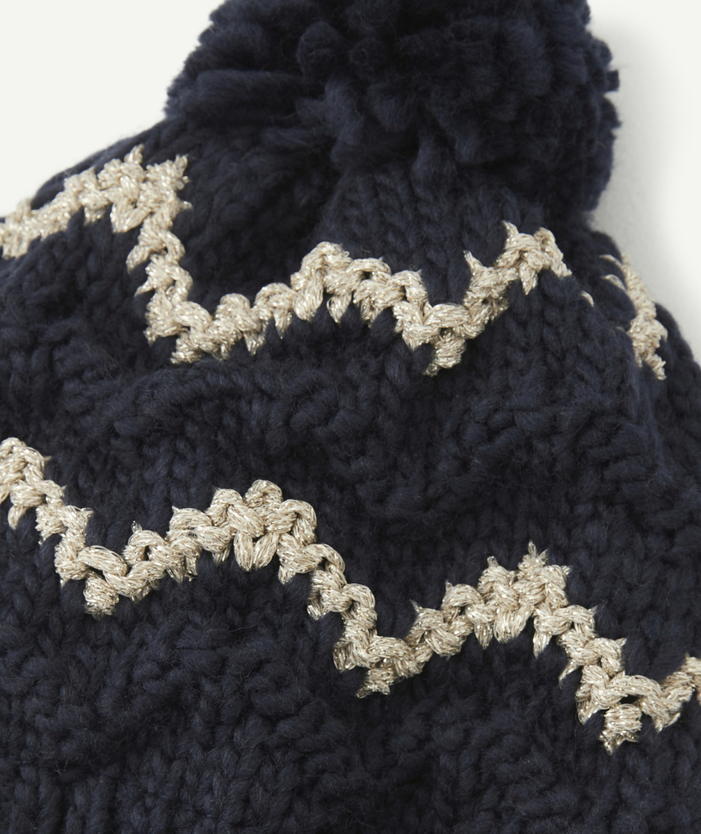 BONNET EN TRICOT MARINE ET FILS COULEUR DORÉE BÉBÉ FILLE EN FIBRES RECYCLÉES