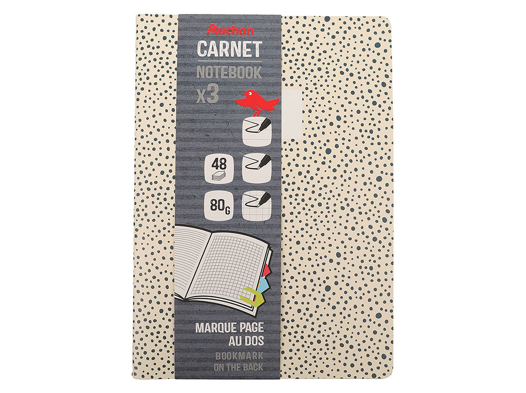 CONJUNTO DE 3 CADERNOS A5 AUCHAN LISO/LINHAS/QUADRICULADO