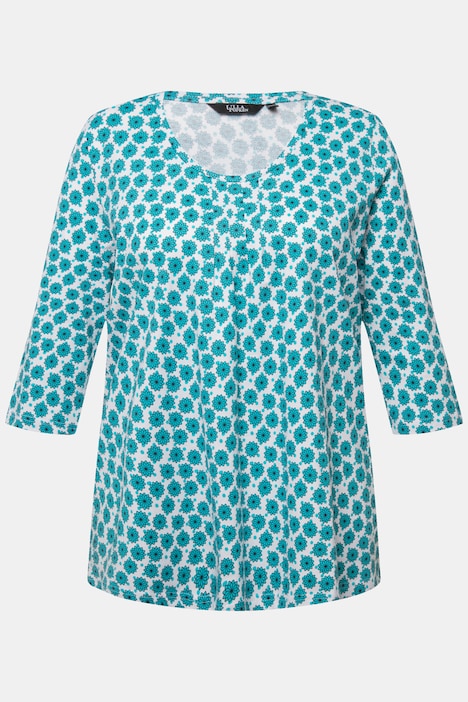 T-Shirt, Blüten, A-Linie, Zierfalten, Rundhals, 3/4-Arm