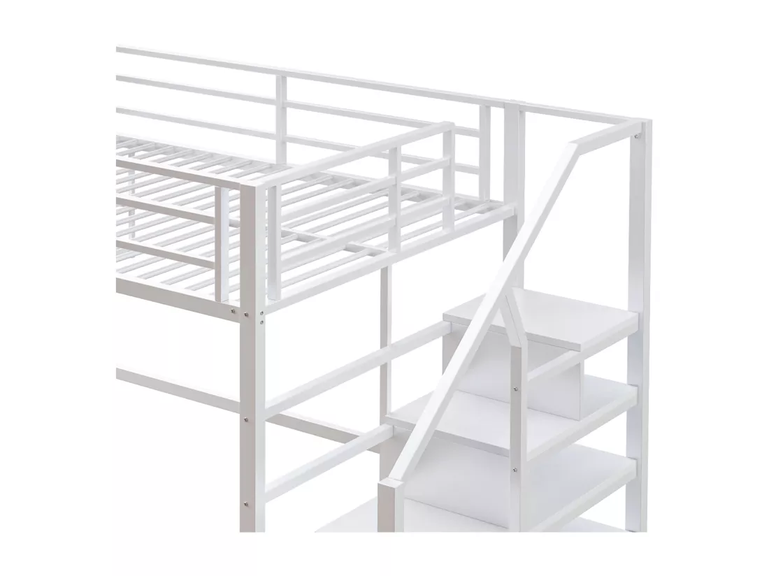 URBAN MEUBLE Lits double superposés métallique blanc échelle avec étagères rangement (140*200cm)