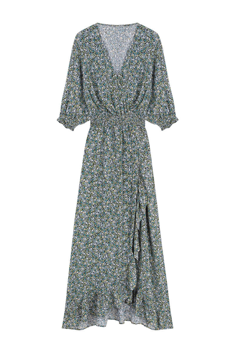 Vestido midi verde estampado com modelagem evasê - estampado
