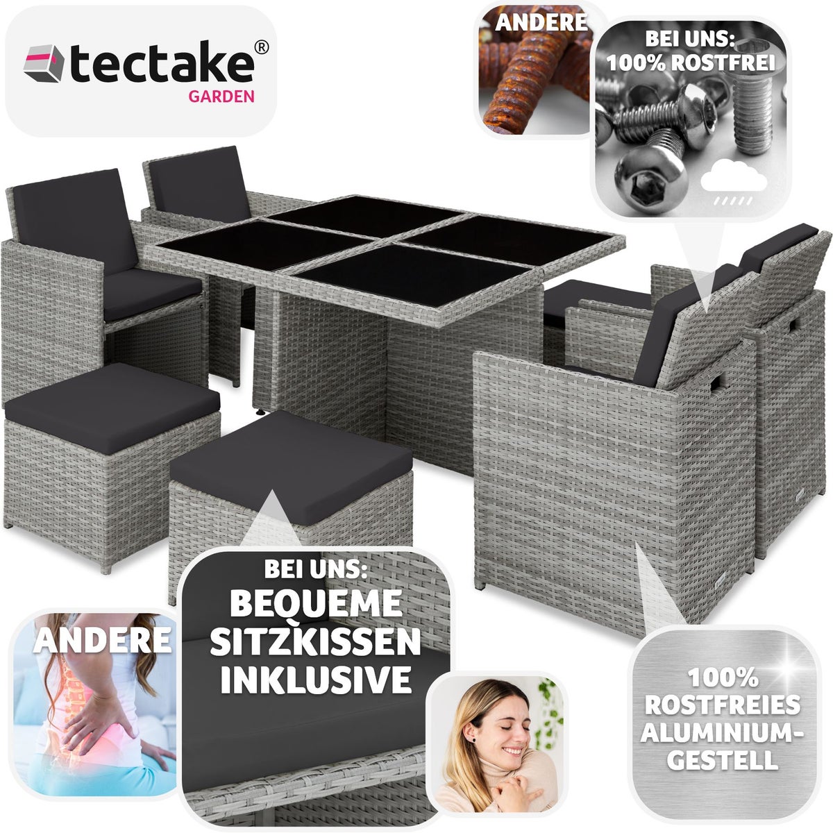 tectake Manhattan rotan zitgroep met aluminium frame, 2 sets hoezen, inklapbaar, inclusief beschermhoes